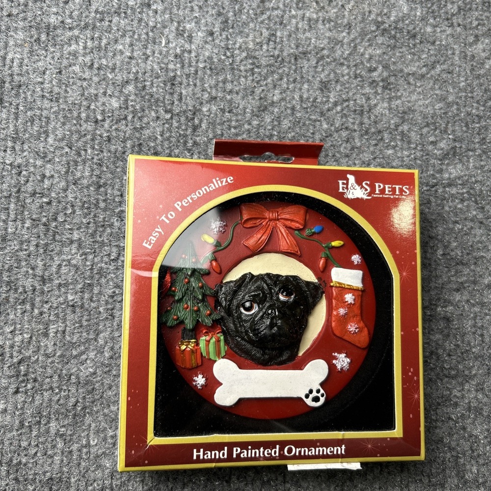 E & S Pets Christmas Ornament Black Pug Dog Can Be‎ Personalized New